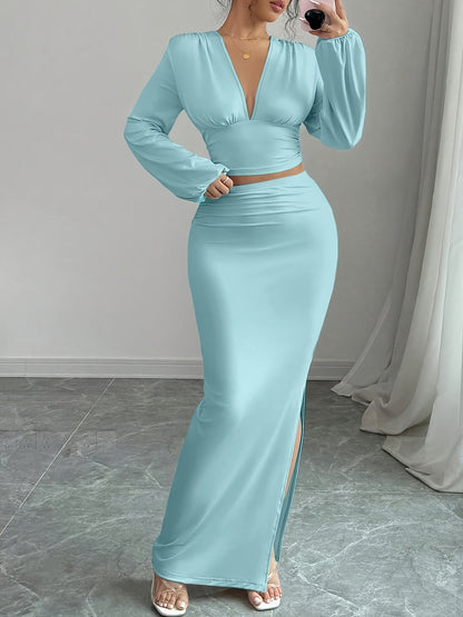 Women'S Elegant Slim-Fit V-Neck Long Sleeve Top & Pencil Skirt Two-Piece Set - Solid Light Blue, Structured Office to Semi-Formal Outfit, Tailored Silhouette for Spring/Autumn, Versatile Work to Semi-Formal Wear, Comfortable
