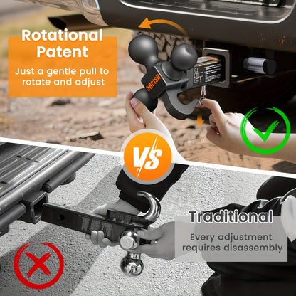 Trailer Hitch Tri-Ball Mount With Hook Contain Secure Self-Lock Latch, Hitch Ball Size 1-7/8", 2" And 2-5/16", Fit 2 Inch Hitch Receiver, Tow Hitch With Double Anti-Theft Pins Locks