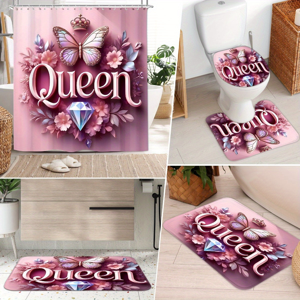4pcs Queen Pattern Shower Curtain Set, Fashion Bathroom Curtain Set with 12 Hooks Included, Matching Anti Slip Mats & Toilet Covers, Modern Bathroom Accessories Ideal for Home Decor & Housewarming Gift