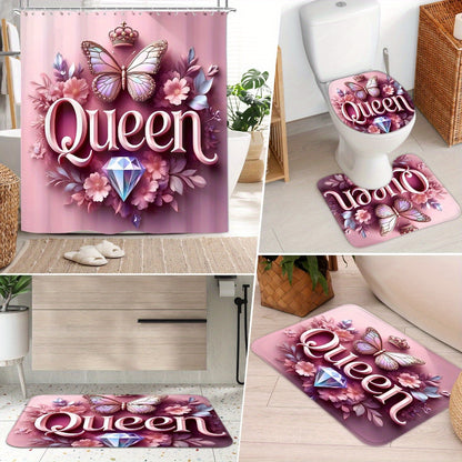 4pcs Queen Pattern Shower Curtain Set, Fashion Bathroom Curtain Set with 12 Hooks Included, Matching Anti Slip Mats & Toilet Covers, Modern Bathroom Accessories Ideal for Home Decor & Housewarming Gift