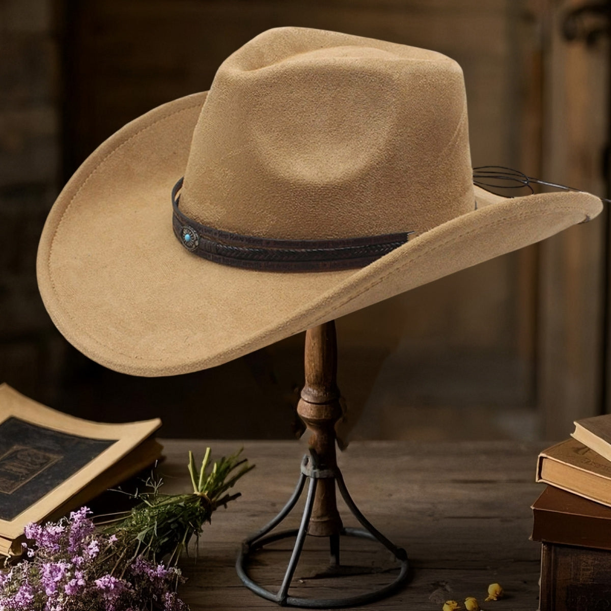 Women Men Western Hat Stylish Decorative Belt Felt Cowgirl Hat Wide Brim Jazz Cap | Ideal for Daily Life and Party, Suede Material, Dry Clean Only