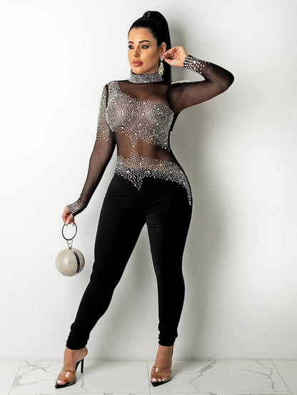 S390220 Black Sheer Diamond-Embellished Long Sleeve Leggings - Stylish Dress for a Sexy Party Dinner