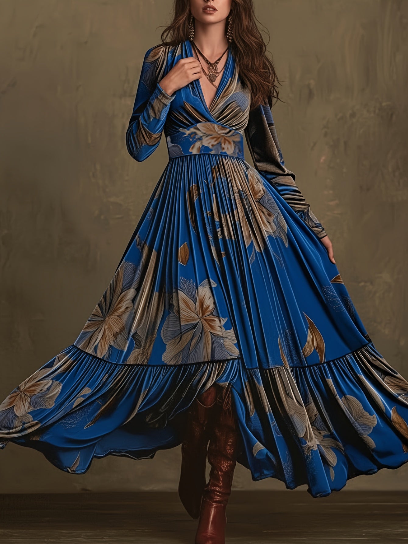 [Elegant V-Neck Maxi] Royal Blue Floral Waist-Tie Maxi Dress for Women | Retro Bohemian Style, Elegant V-neck, Perfect for Fall/Winter, Suitable for Vacation Outfits, Party Looks, and Light Occasion Ensembles