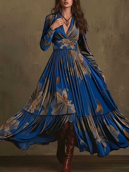 [Elegant V-Neck Maxi] Royal Blue Floral Waist-Tie Maxi Dress for Women | Retro Bohemian Style, Elegant V-neck, Perfect for Fall/Winter, Suitable for Vacation Outfits, Party Looks, and Light Occasion Ensembles