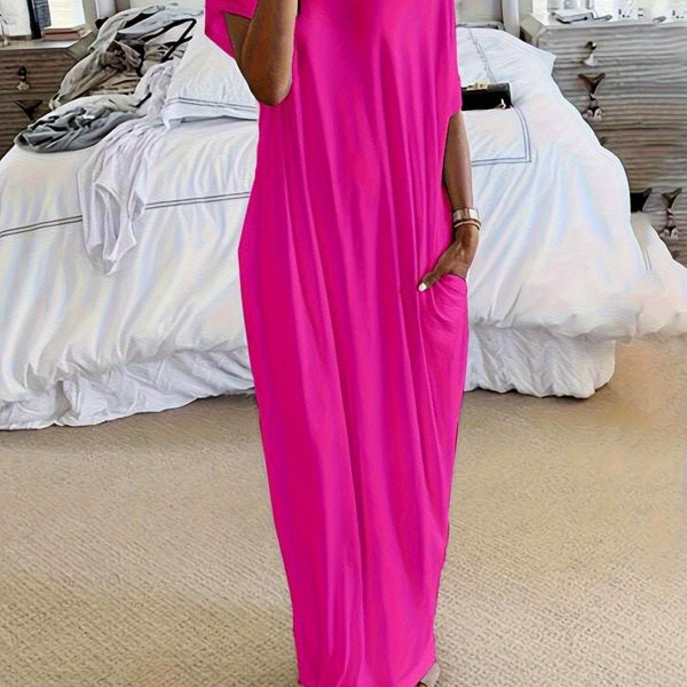 Women's Solid Color Batwing Sleeve Lounge Dress, Casual Comfy Short Sleeve Nightdress for Daily Wear, Loungewear, Ladies Sleepwear for All Seasons