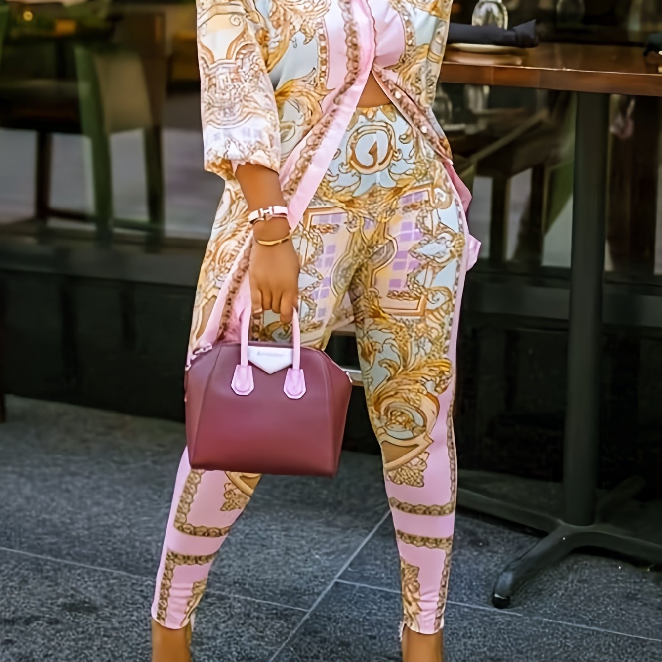 GY029 Vacation Style - Pink Printed Casual Tight Pants - Two-Piece Set for Women - Valentine's Day