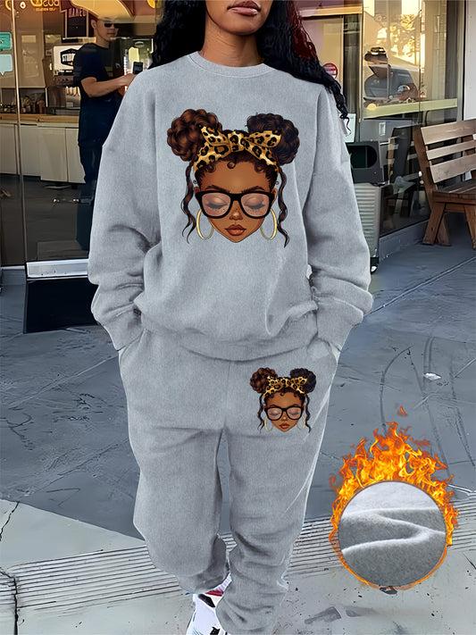 Graphic Print Two Piece Set, Crew Neck Sweatshirt & Pants, Women's Clothing, Fall Clothes For Women, Sweat Suits Women Two Piece