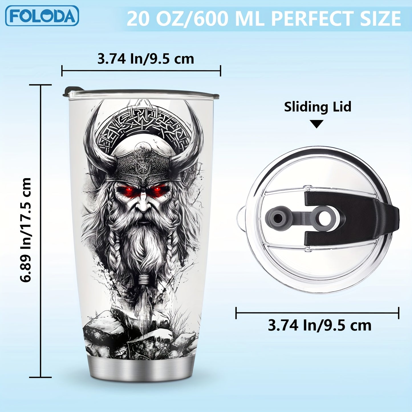 Foloda 20oz Viking Wolf Tumbler with Lid - Insulated Stainless Steel Travel Mug, Norse Design Thermal Cup with Leakproof Lid & Straw Compatible, Double-Wall Vacuum Insulation for Hot/Cold Drinks, Viking Warrior & Wolf Howling