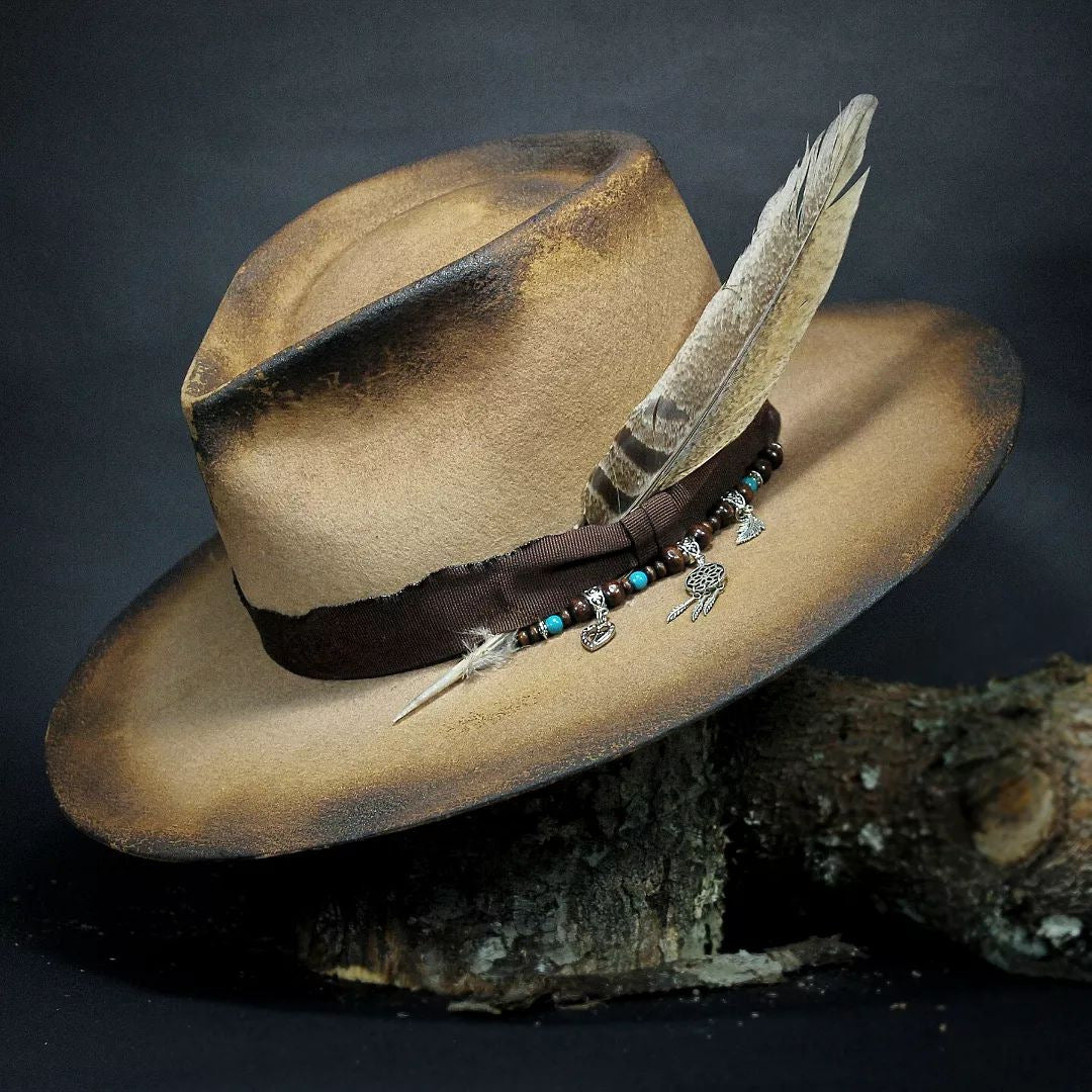 Unisex Vintage Wool Felt Hat with Turquoise-like Feather-Like Ribbon & Feather-Like Pendant - Wide Brim Western /Cowgirl Hat for &, Casual Outdoors, Parties, Daily Wear - Beige/Brown Retro Jazz