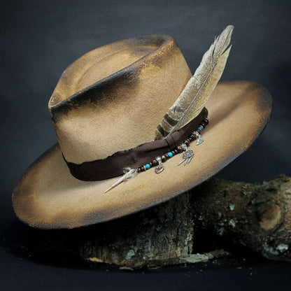 Unisex Vintage Wool Felt Hat with Turquoise-like Feather-Like Ribbon & Feather-Like Pendant - Wide Brim Western /Cowgirl Hat for &, Casual Outdoors, Parties, Daily Wear - Beige/Brown Retro Jazz