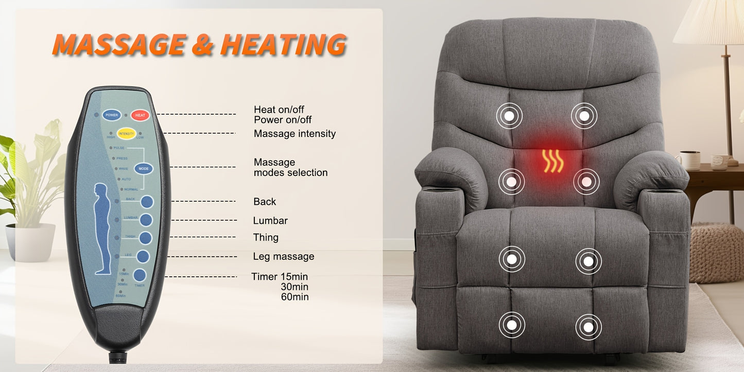 Power Lift Recliner Chair For Elderly And Adults, Power Recliner Chair With Massage And Heating, Electric Recliner With Remote Control And Cup Holders For Living Room, Grey Linen Fabric