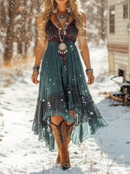 Women'S Western Cowgirl Dress - Retro A-Line Short Dress with Asymmetrical Hem & Fringe-like Skirt, V-Neck Long Sleeve Boho Outfit for Spring Summer Fall, Casual to Semi-Formal Events, Durable Comfortable Fabric (No Lining) -