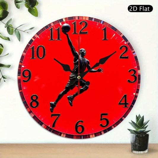 Modern Round Wall Clock - Red Minimalist Silent Non-Ticking Wooden Frame, Basketball Player Dunk Design, AA Battery-Powered (Not Included) - for Living Room, Bedroom, Office, Sports Decor - Ideal Housewarming Gift for Sports