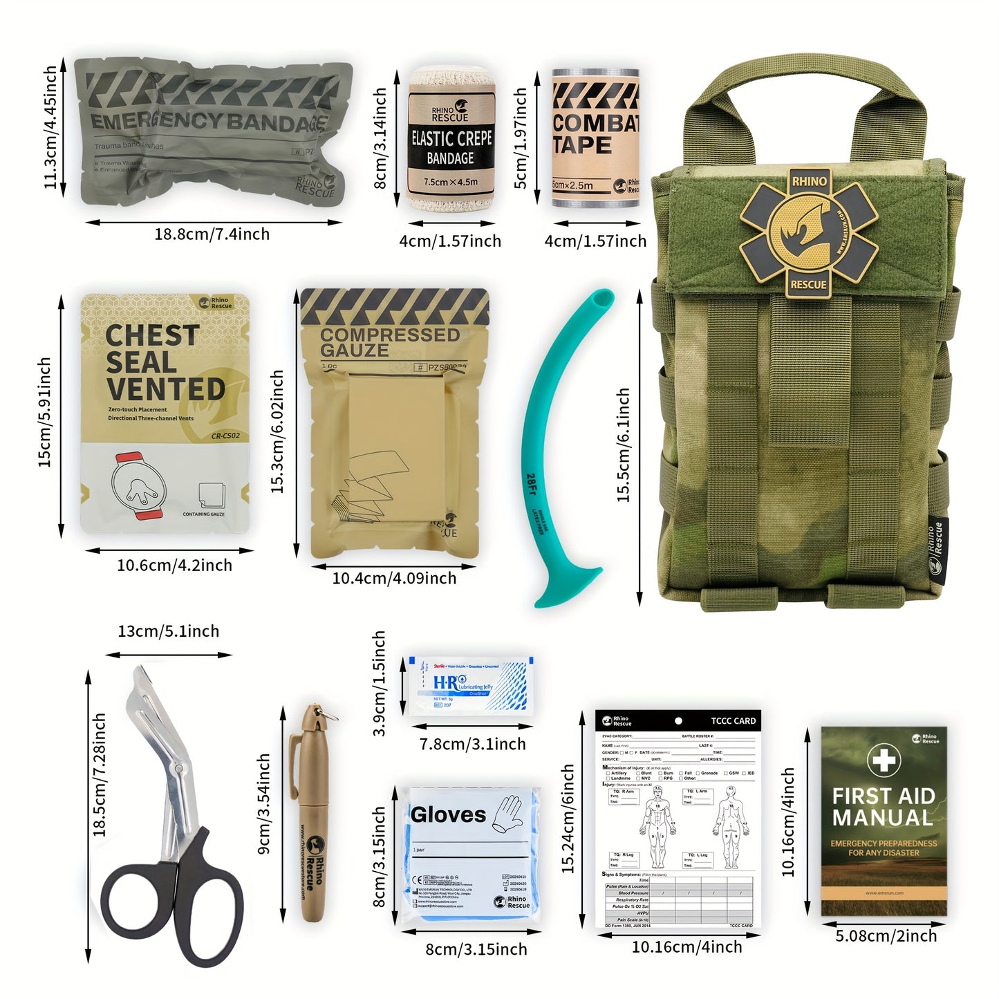 RHINO RESCUE Green Tactical First Aid Kit, IFAK, 39.37inch Tactical First Aid Kit, Including Tourniquet, Bandage, Chest Seal, Used for Severe Bleeding Control, Made Of Nylon Material, with MOLLE Quick Release System