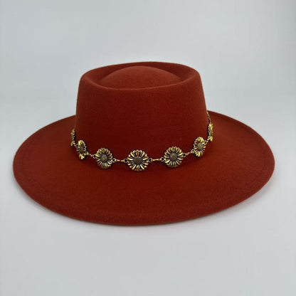 1pc Bohemian-style Unique and Fashionable Felt Hat - Decorated with Exquisite Golden Flower Chain Fedora Hat - Suitable for Daily Street Style, Music Festival Outfits, Bohemian-inspired Looks, Casual Outings and Trendy Season