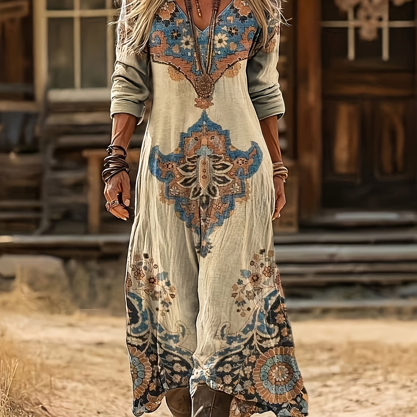 Women's Vintage Paisley Print A-Line Maxi Dress - Scottish Tartan Dress with Paeisle Pattern, All-Season Machine Washable Wedding Guest Gown, Casual & Formal Wear