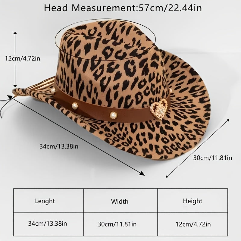 Women'S & Men'S Leopard Print Western Cowboy Hat with Detachable Heart-Shaped Felt Band - Lightweight Adjustable Snap Closure, Brown/Black/Beige/Tan Animal Print, Wide Brim for Outdoor Events, Christmas, Thanksgiving, Western
