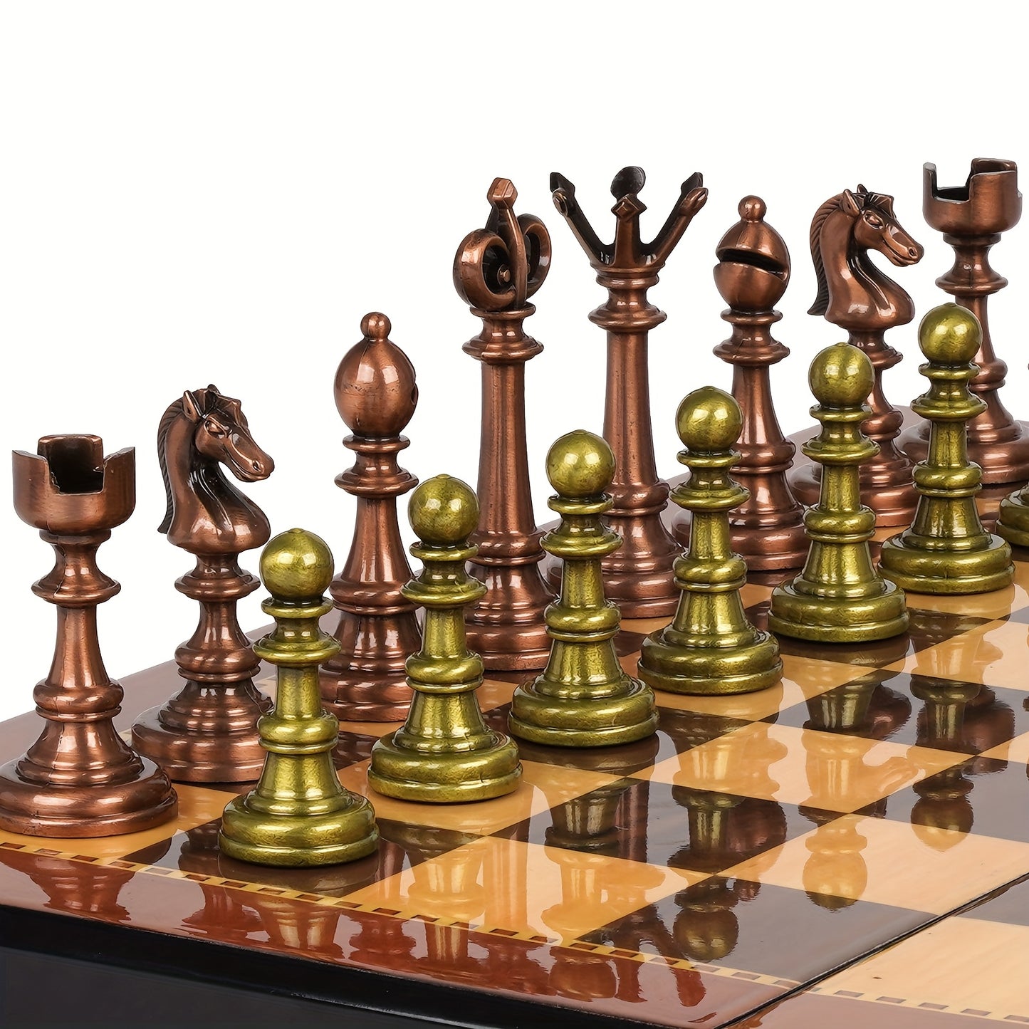 Vintage Metal Chess Set For Adults, 15" Wooden Chess Board With Metal Chess Pieces Travel Chess Set With Retro Chessmen, Collectible Elegant Chess Game, Family Vintage Board Game