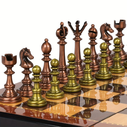 Vintage Metal Chess Set For Adults, 15" Wooden Chess Board With Metal Chess Pieces Travel Chess Set With Retro Chessmen, Collectible Elegant Chess Game, Family Vintage Board Game