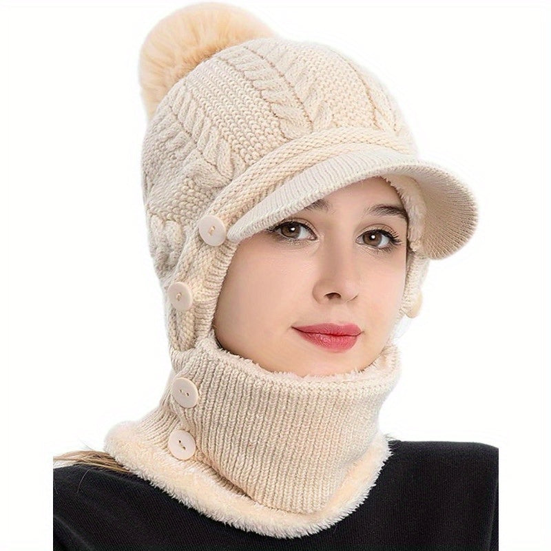 1x Winter Women's Pullover Ear Warmer Hat, Scarf Mask Combo Warm Thick Skull Ski Cap, Head And Neck Warmth, Ear And Face Warmer, Winter Scarf Mask Combo, Ear Warmer Hat, Cable Pattern, Slouchy Fit, Hand Wash Care, Thick Fleec