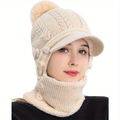 1x Winter Women's Pullover Ear Warmer Hat, Scarf Mask Combo Warm Thick Skull Ski Cap, Head And Neck Warmth, Ear And Face Warmer, Winter Scarf Mask Combo, Ear Warmer Hat, Cable Pattern, Slouchy Fit, Hand Wash Care, Thick Fleec