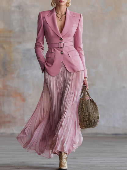 Women'S Elegant Pink Blazer with Waist Definition And Gradient Pleated Maxi Skirt Set | Ideal for Casual Events, Dates, And Subtle Vintage Styles