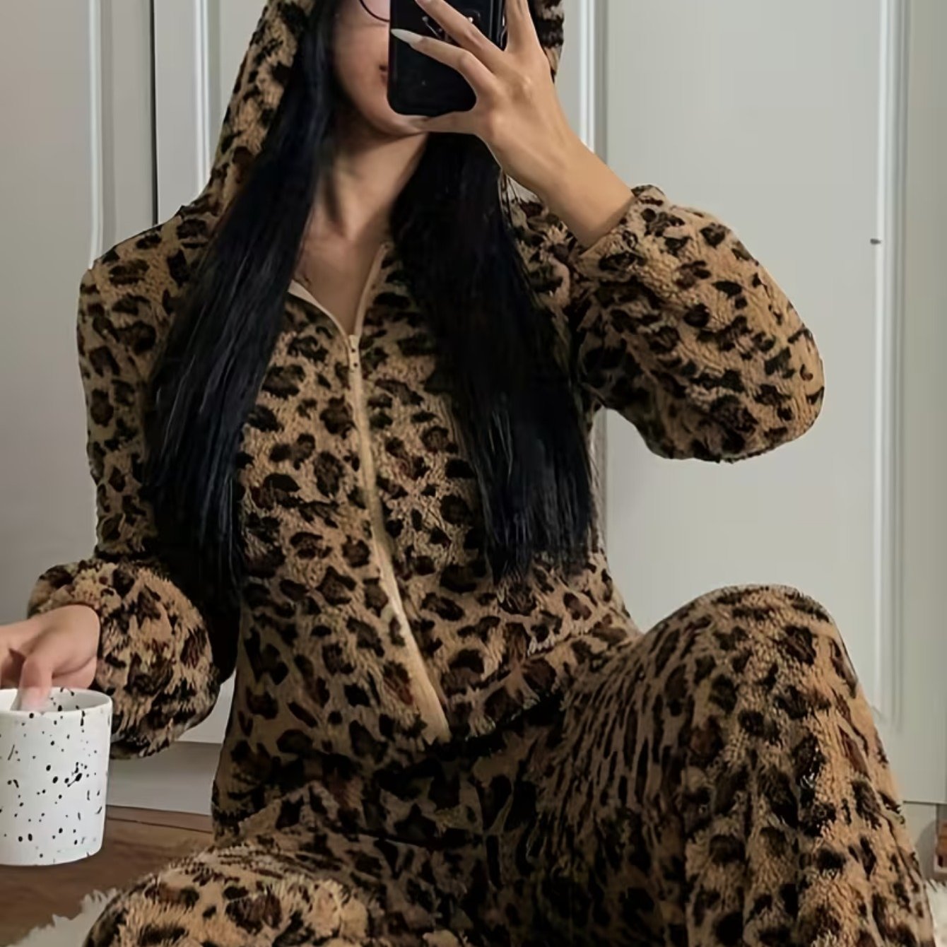 Thickened And Fleece-Lined Onesie for Autumn And Winter, Featuring a Cute Leopard Print with a Hood And Ears, Perfect for Cozy Home Wear