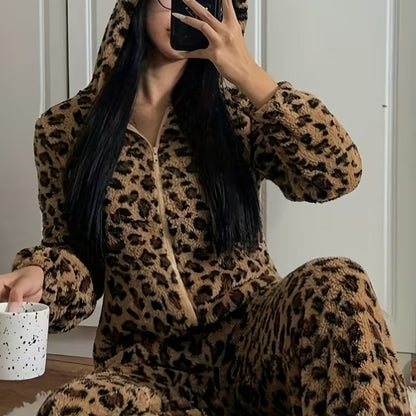 Thickened And Fleece-Lined Onesie for Autumn And Winter, Featuring a Cute Leopard Print with a Hood And Ears, Perfect for Cozy Home Wear