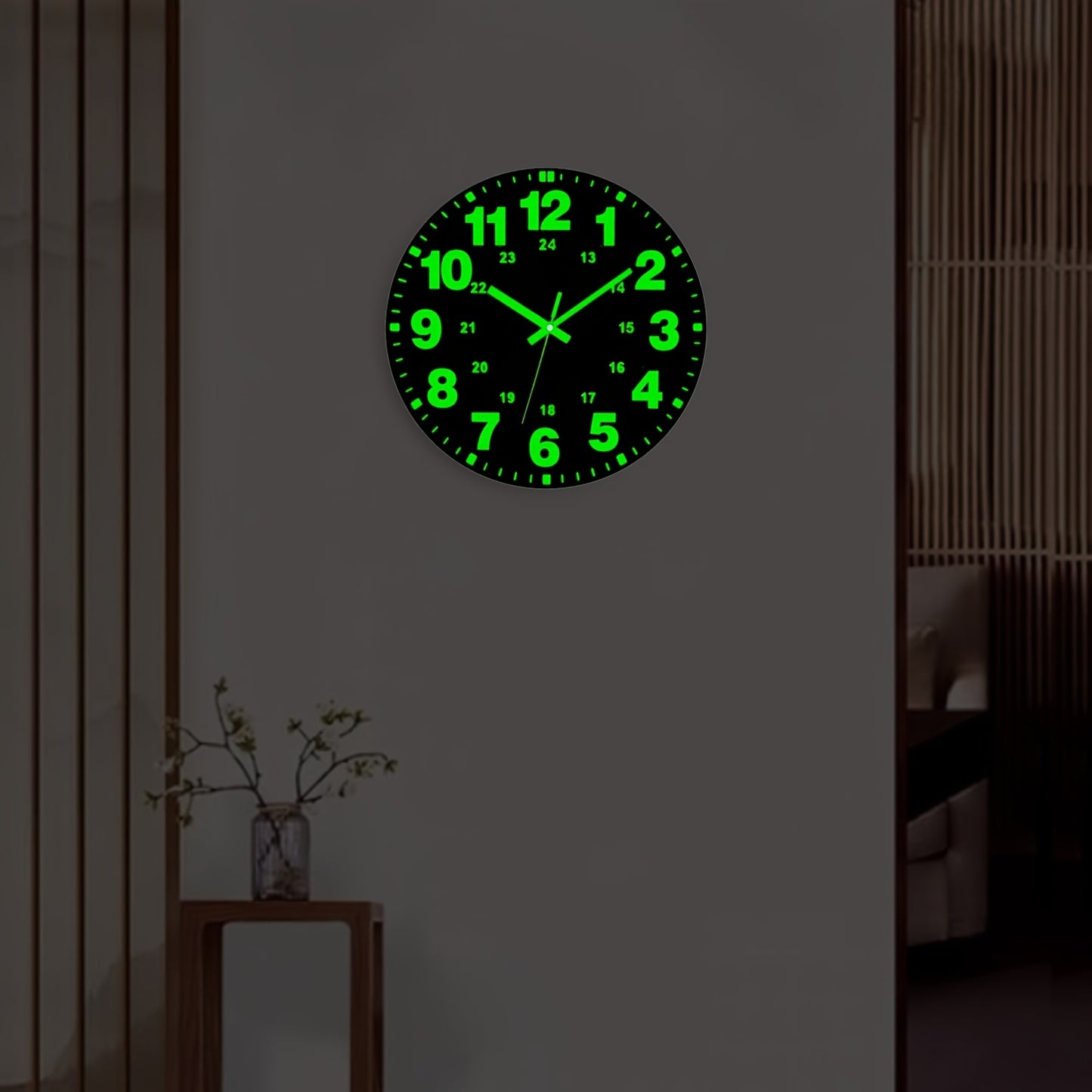 1pc Glow-in-the-Dark Wall Clock - 12 Inch Silent Non-Ticking Vinyl Round Clock with Green Numbers & Hands, Flat Crown Design, AA Battery Operated (Not Included) for Bedroom & Living Room Decor, Clock for Living Room, Durable