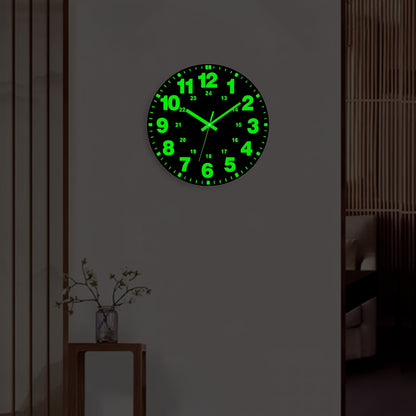 1pc Glow-in-the-Dark Wall Clock - 12 Inch Silent Non-Ticking Vinyl Round Clock with Green Numbers & Hands, Flat Crown Design, AA Battery Operated (Not Included) for Bedroom & Living Room Decor, Clock for Living Room, Durable