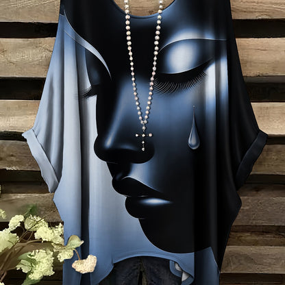 Plus Size - Casual Elegant Comfortable Crew Neck Short Sleeve T-Shirt | Large Size, Tearful Dream Portrait Print, No Accessories