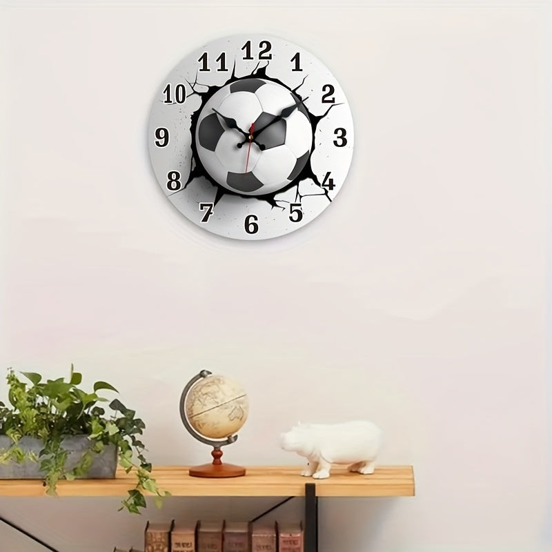 [Silent Soccer Clock] Stylish Silent Soccer Ball Wall Clock, 1pc | Round Wooden Quartz Movement, Ideal for Bedroom, Living Room, Office, Kitchen, Bathroom Decor - Battery Operated (AA Battery Not Included)