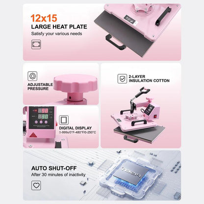 Heat Press Machine, 12 X 15 Inch, 8in 1 Heat Transfer Machine with 6-30oz Tumbler Press, 360° Swing Away T-Shirt Pressing, Digital Precise Control, for T-Shirts/Mugs/Hats/Plates, Pink