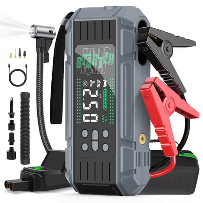 9000A Jump Starter with Air Compressor, 12V Battery Jump Starter for All Gas & 2.11gal Diesel Engines. 6in 1 Multifunctional Jump Starter Battery Pack with Digital Tire Inflator, Blower Pump, PD65W Fast Technology Input & Out