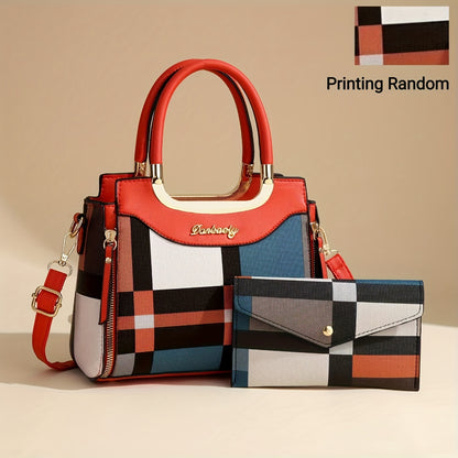 2pcs Set Fashion Plaid Handbag for Women, Zipper Closure, Polyester Lined, Edge Painted, Random Pattern, Versatile Colors - Black, White, Red, Purple, Earthy Yellow