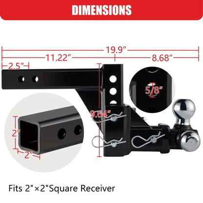 TYT Adjustable Trailer Hitch Ball Mount, Tri-Ball (1-7/8'' X 2'' X 2-5/16''), Fits 2'' Receiver, 5'' Rise/Drop Hitch, Hitch for Heavy Duty Truck, Solid Ball Mount, 10000 LBS GTW, BLACK