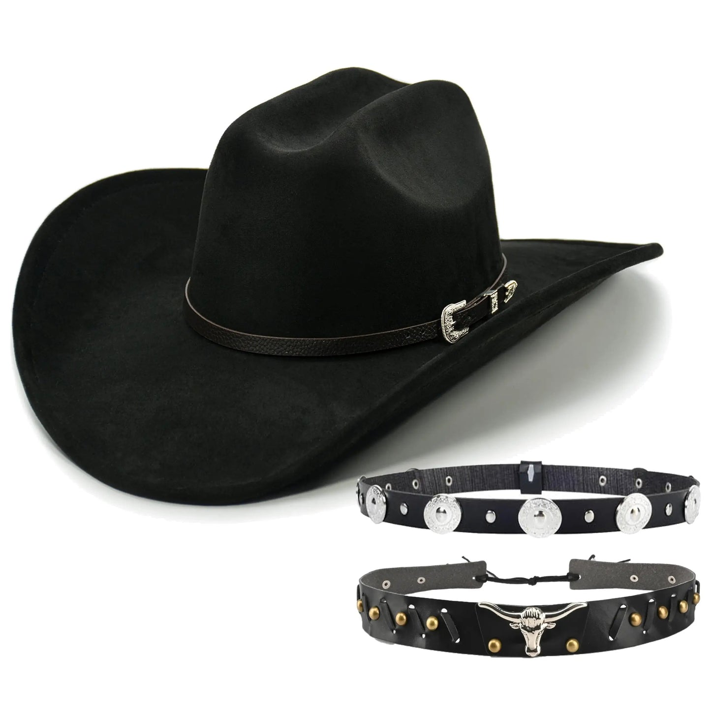 3pcs Western Hat Set with Decorative Leather Strap & Adjustable Metal Buckle - Classic Wide Brim Cowboy Hat, Unisex Black Western Hat for Men & Women, 100% Polyester Felt Material, Hand Washable - Western Costume Party, Cowbo