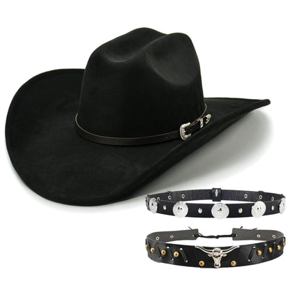 3pcs Western Hat Set with Decorative Leather Strap & Adjustable Metal Buckle - Classic Wide Brim Cowboy Hat, Unisex Black Western Hat for Men & Women, 100% Polyester Felt Material, Hand Washable - Western Costume Party, Cowbo
