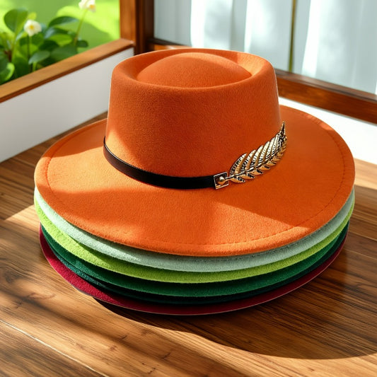 1pc Women'S Retro Wide-Brimmed Fedora Hat with Metal Crescent & Black Leather-like Band - Vibrant Orange/Red/Green/Black/Navy Blue/Purple/White - Elegant Non-Stretch Design for Autumn Winter, Music Festivals, Christmas & Dail