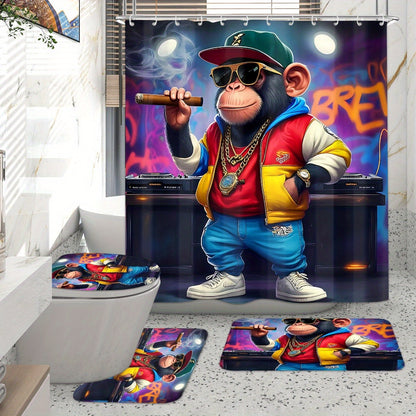 4pcs Cute Monkey Shower Curtain Sets, Modern Animal Pattern Bathroom Curtain Set with 12 Hooks Include Non-Slip Bathroom Rug, Toilet U-Shape Mat, Toilet Lid Cover, Fashion Bathroom Accessories Ideal for Bathroom & Home Decor,