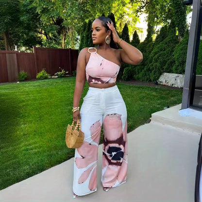 D9738 Women'S Y2K Fashion Floral Print One-Shoulder Slim Fit Wide-Leg Pants Two-Piece Set - Sexy Spring/Fall Outfit, Spring Fashion|Sleek Shoulder Design|Polyester Fabric