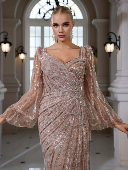 Elegant Square Neck Long Sleeve Bodycon Fishtail Gown with Applique Sequins | Perfect for Weddings, Banquets, and Parties, All-Season Wear