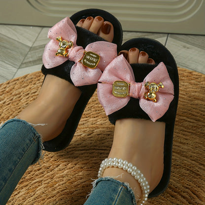 New Style Bear Bow Slippers for Women, Suitable for Spring, Summer, Autumn, And Winter, Featuring Open-Toe Design And Available in Larger Sizes for Indoor Use.