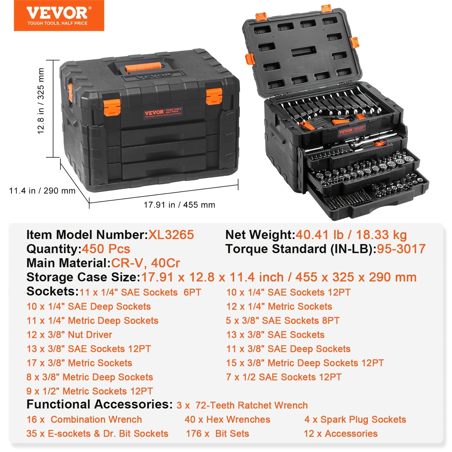 450pcs VEVOR Heavy-Duty Mechanics Tool Set & Socket Kit - 1/4"/3/8"/1/2" Drive SAE & Metric, 450pcs All-in-One Professional/Residential Tool Kit with Deep/Standard Sockets, -Resistant Case, Wrenches, Bolts/Rivets Removal