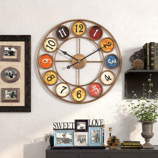 23.4-inch Vintage European Style Silent Metal Colorful Round Wall Clock for Living Room and Patio, Battery Operated (AA Battery Not Included)