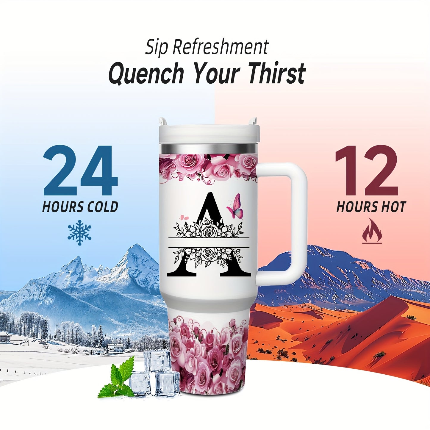 MIKENDA 1pc 40oz "A-Z Custom Letters & Name" Stainless Steel Travel Cup with Lid And Straw. Coffee Cup, Kitchen Drinkware. Great Gift for Women, Friends, Parents.for Mother's Day, Holidays. for Home & Outdoor Use.Halloween &