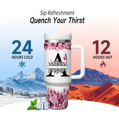 MIKENDA 1pc 40oz "A-Z Custom Letters & Name" Stainless Steel Travel Cup with Lid And Straw. Coffee Cup, Kitchen Drinkware. Great Gift for Women, Friends, Parents.for Mother's Day, Holidays. for Home & Outdoor Use.Halloween &