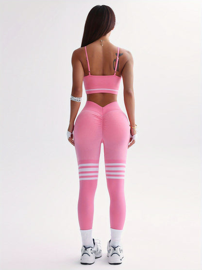 3pcs Women's Full Athletic Set - Seamless Striped Quick-Dry Sports Bra, Tight-Fitting Long Sleeve Gym Pants with Moai Panel Technology | High-Elasticity Moisture-Wicking Fabric for Running, Gymnastics, Training Outfit (All-Se