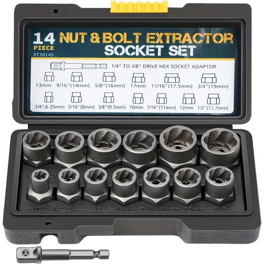 15pcs Nut Extractor Set, 13pcs Bolt And Nut Remover, 1pc Iron Bar (If The Nut Is Still Stuck In The Sleeve When Removing It, Use It To Knock It Out), 1pc 1/4 '' To 3/8 "drive Hexagonal Socket Adapter
