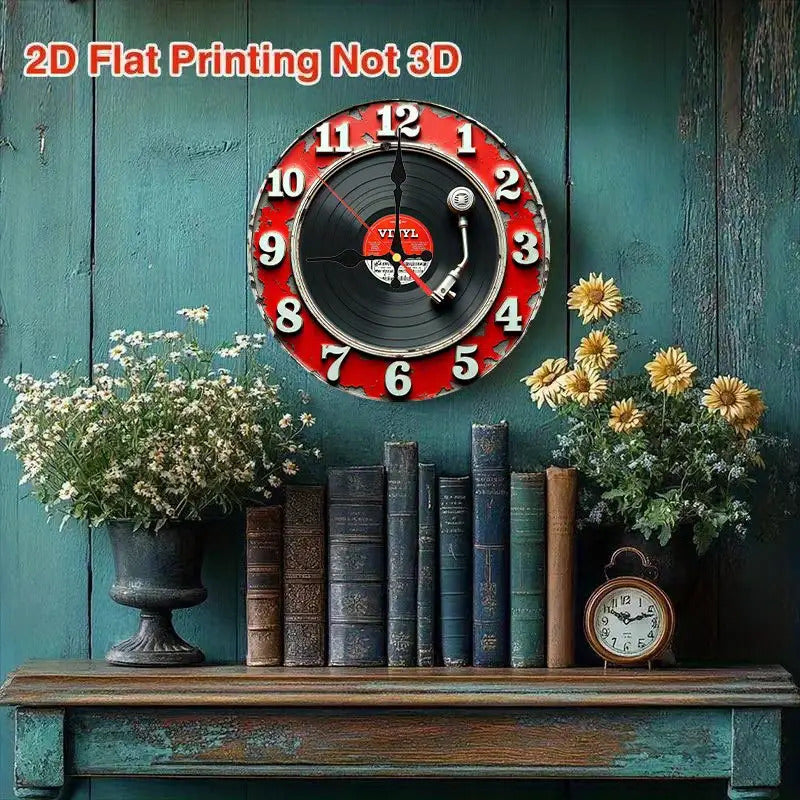 2D Flat Room Decor, 1pc, A red and white sign with a microphone and vinyl records, 9.8-inch, 2D Wooden Flat, Silent Wall Clock, Non-Luminous, Wooden Quartz Design, perfect for spiritual homes/ holiday/ Living Room/ Coffee/ Be